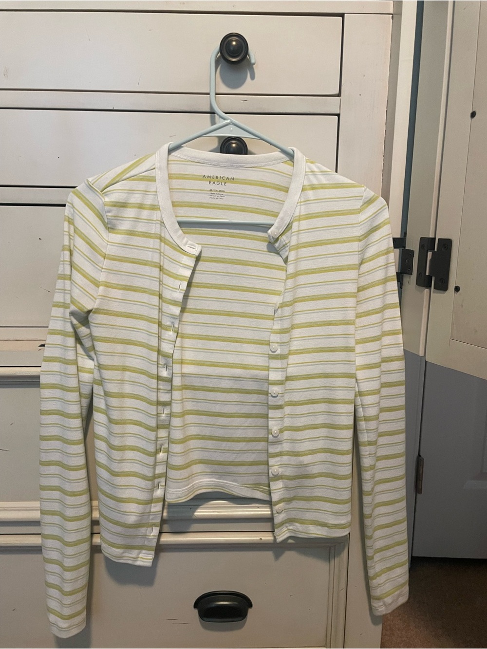 American Eagle White and Light Green Striped Button Cardigan